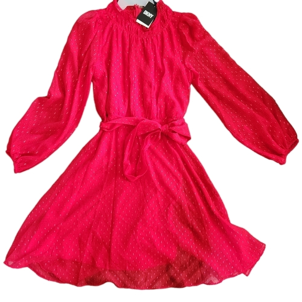 DKNY-Balloon Sleeve Belted  Chiffon Dress - Picture 3 of 7